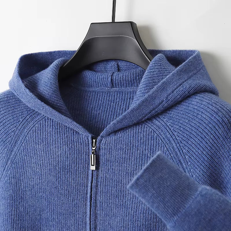 Men's 100% Merino Wool Hooded Zipper Cardigan - Thick Knit Jacket for Autumn and Winter, Large Size, Long Sleeve Sportswear