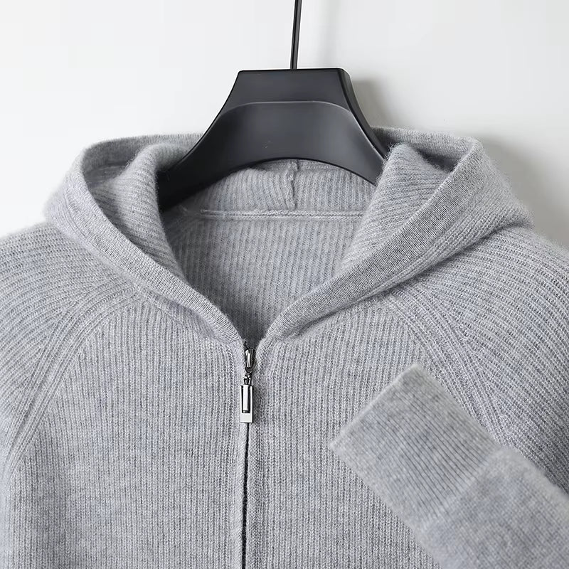 Men's 100% Merino Wool Hooded Zipper Cardigan - Thickened Knit Jacket for Autumn & Winter, Large Size Long Sleeve Sportswear Coat