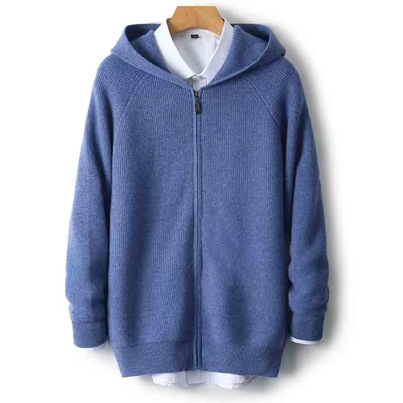 Men's 100% Merino Wool Hooded Zipper Cardigan - Thick Knit Jacket for Autumn and Winter, Large Size, Long Sleeve Sportswear