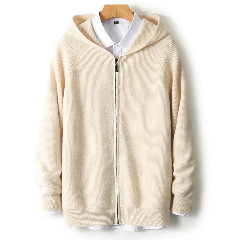 Men's 100% Merino Wool Hooded Zipper Cardigan - Thick Knit Jacket for Autumn and Winter, Large Size, Long Sleeve Sportswear