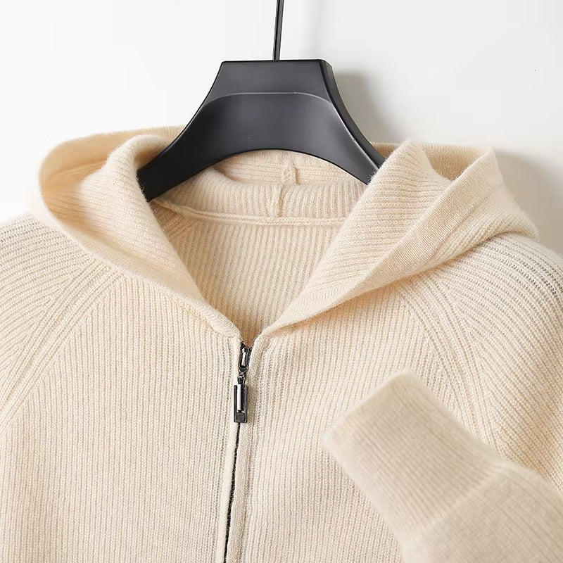 Men's 100% Merino Wool Hooded Zipper Cardigan - Thick Knit Jacket for Autumn and Winter, Large Size, Long Sleeve Sportswear