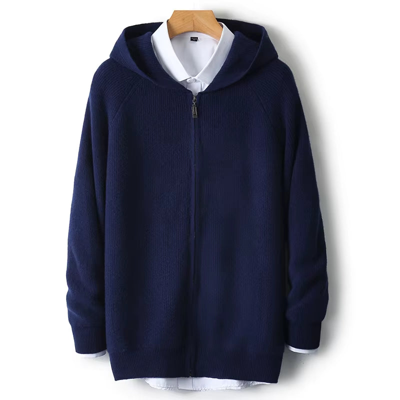 Men's 100% Merino Wool Hooded Zipper Cardigan - Thick Knit Jacket for Autumn and Winter, Large Size, Long Sleeve Sportswear