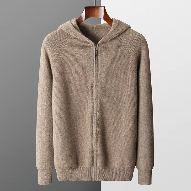 Men's 100% Merino Wool Hooded Zipper Cardigan - Thick Knit Jacket for Autumn and Winter, Large Size, Long Sleeve Sportswear