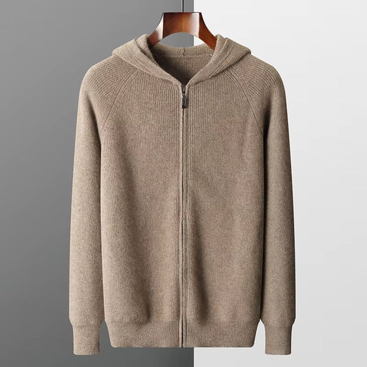 Men's 100% Merino Wool Hooded Zipper Cardigan - Thick Knit Jacket for Autumn and Winter, Large Size, Long Sleeve Sportswear