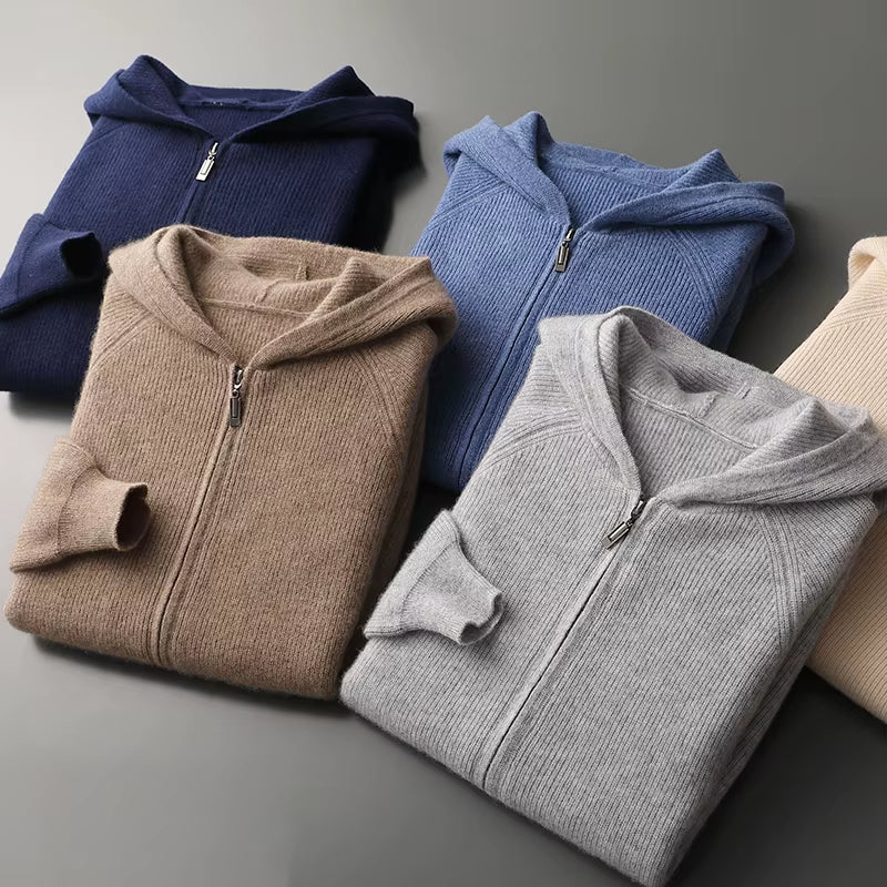 Men's 100% Merino Wool Hooded Zipper Cardigan - Thick Knit Jacket for Autumn and Winter, Large Size, Long Sleeve Sportswear