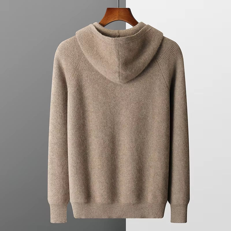Men's 100% Merino Wool Hooded Zipper Cardigan - Thick Knit Jacket for Autumn and Winter, Large Size, Long Sleeve Sportswear