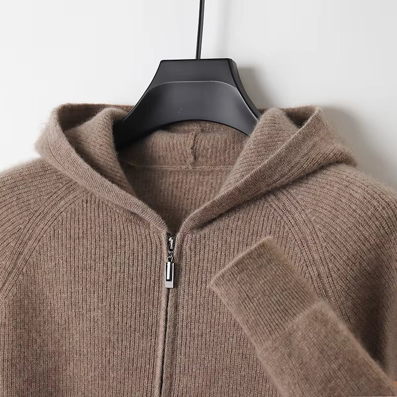 Men's 100% Merino Wool Hooded Zipper Cardigan - Thick Knit Jacket for Autumn and Winter, Large Size, Long Sleeve Sportswear