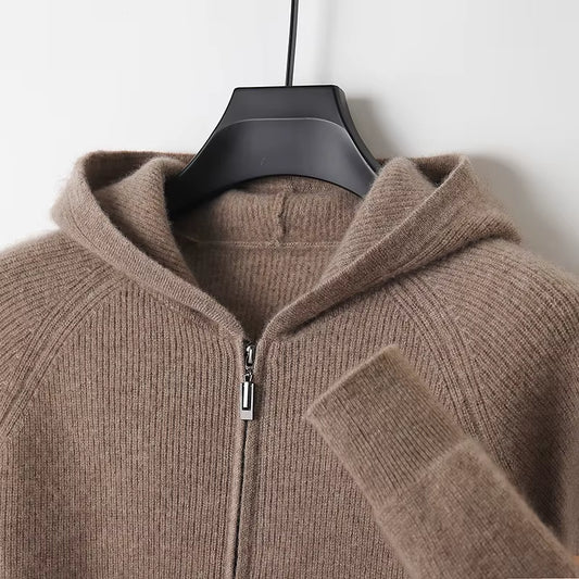 Men's 100% Merino Wool Hooded Zipper Cardigan - Thickened Knit Jacket for Autumn & Winter, Large Size Long Sleeve Sportswear Coat
