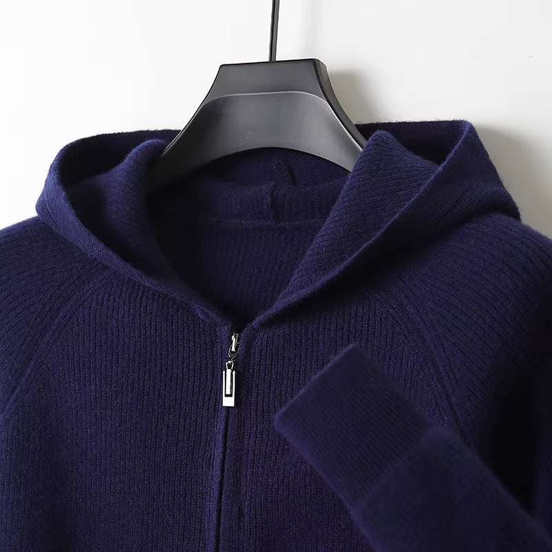 Men's 100% Merino Wool Hooded Zipper Cardigan - Thick Knit Jacket for Autumn and Winter, Large Size, Long Sleeve Sportswear